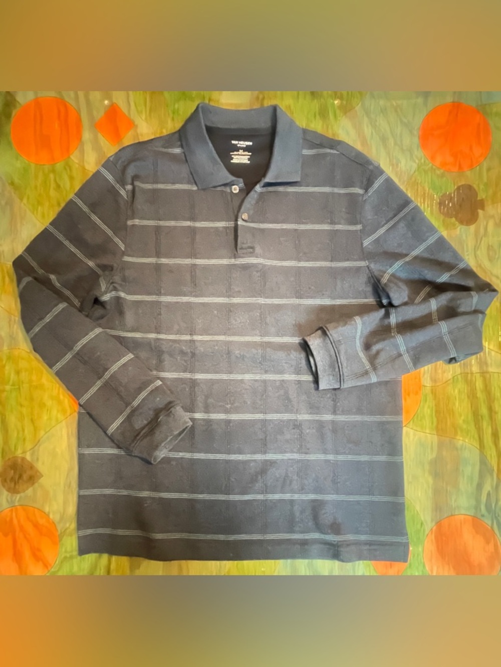 Van Heusen Flex Mens Classic Fit Long Sleeve Polo Shirt Blue Stripes Medium